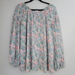 Ava and Viv spring floral peasant sleeve blouse bright pink and blues and greens